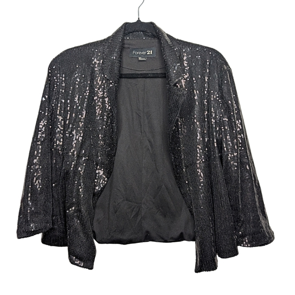 Forever‎ 21 Black Sequin Blazer Open Front Party Jacket Size S